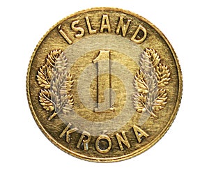 1 Krona Coat of Arms coin, 1922~1980 - KrÃÂ³na - Circulation serie, Bank of Iceland