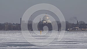 Kronstadt Naval Cathedral near Saint-Petersburg. At winter. Ice in Guld Finland