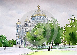 Kronstadt watercolor Nikolsky Naval Cathedral