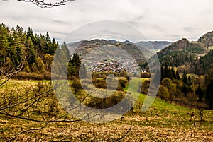 Kroscienko nad Dunajcem town in the valley in Pieniny Mountains in spring, rural countryside, Malopolska, Poland