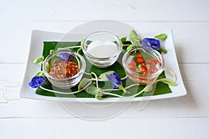 Kruang prung. Orange chili pepper in vinegar for cooking. Spices Seasoning Such Sugar Dry Chilli Garnish Set