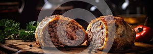 Kruchenyky Stuffed Meat Rolls On Stone Rustic Pub Ukrainian Dishes Wide Panoramic. Generative AI