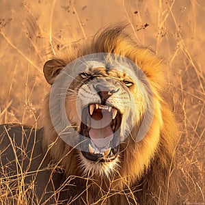 Krugers pride male lion roars majestically in South Africas wilderness