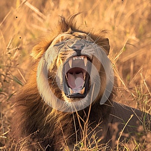 Krugers pride male lion roars majestically in South Africas wilderness