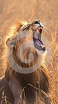 Krugers pride male lion roars majestically in South Africas wilderness