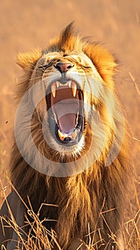 Krugers pride male lion roars majestically in South Africas wilderness