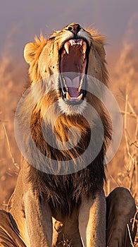 Krugers pride male lion roars majestically in South Africas wilderness