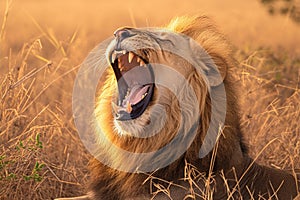 Krugers pride male lion roars majestically in South Africas wilderness