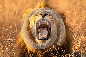 Krugers pride male lion roars majestically in South Africas wilderness