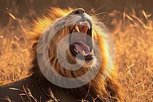 Krugers pride male lion roars majestically in South Africas wilderness
