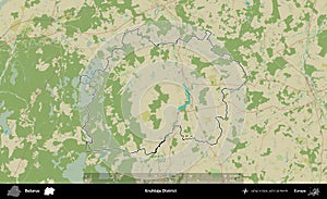 Kruhlaje District outlined, Belarus. Topographic Humanitarian