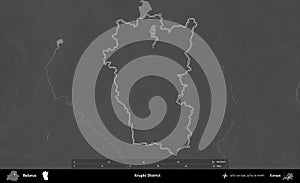 Krupki District outlined, Belarus. Grayscale