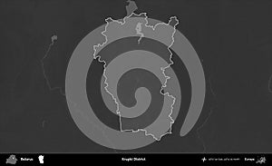 Krupki District highlighted, Belarus. Grayscale