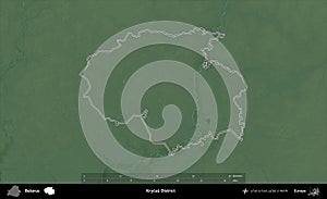 Krycau District outlined, Belarus. Physical