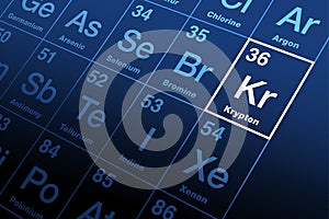 Krypton on periodic table of the elements, with element symbol Kr photo