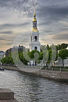 Kryukov Canal Embankment and the bell tower  of St. Nicholas Cathedral. Saint-Petersburg, Russia
