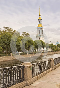 Kryukov canal embankment and the bell tower of St. Nicholas Church in St. Petersburg.