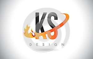 KS K S Letter Logo with Fire Flames Design and Orange Swoosh. photo
