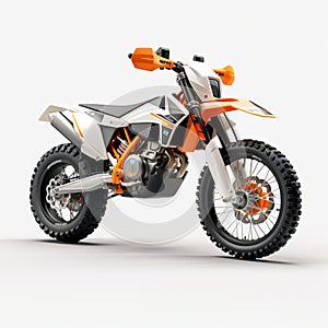 Hyperrealistic White, Orange, And Black Dirt Bike On White Background photo