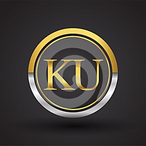 KU Letter logo in a circle, gold and silver colored. Vector design template elements for your business or company identity