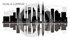 Kuala Lumpur City skyline black and white silhouette with reflections.