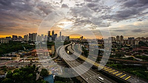 Kuala Lumpur city skyline during dramatic sunset.