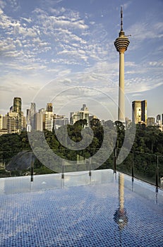 Kuala Lumpur cityscape,with KL Tower,viewed from rooftop swimming pool,Malaysia