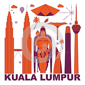 Kuala Lumpur culture travel set vector illustration