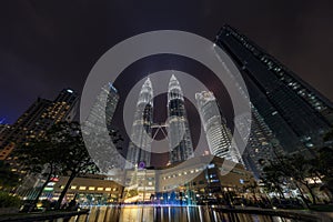 KUALA LUMPUR, MALAYSIA - December 12, 2017: The Petronas Twin Towers in Kuala Lumpur at night lighted up for the Christmas.