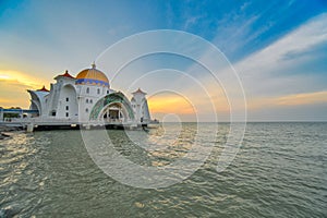 Beautiful sunset over the Malacca Straits Mosque or Masjid Selat