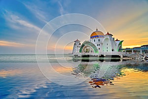 Beautiful sunset over the Malacca Straits Mosque or Masjid Selat