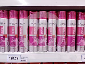 KUALA LUMPUR,MALAYSIA - MAY 24,2017 : Loreal Studio Line Silk Gray Fixing Spray displayed at supermarket