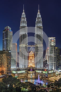 Kuala Lumpur, Malaysia; May 30 2017: Kuala lumpur skyscraper at night in Malaysia. Petronas Towers