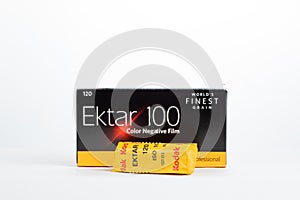 Kodak Ektar 100 box with film isolated in white background