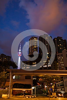 Kuala Lumpur, Malaysia - 13th February, 2018: Kuala Lumpur night streets city landscape and Menara KL tower view