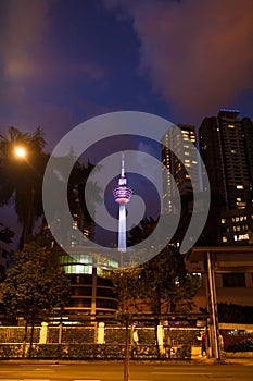 Kuala Lumpur, Malaysia - 13th February, 2018: Kuala Lumpur night streets city landscape and Menara KL tower view