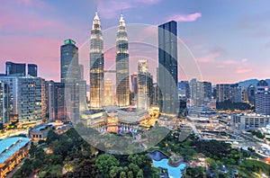 Petronas twin towers at night in Kuala Lumpur, Malaysia