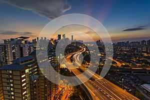 Kuala Lumpur; scenic sunset with the view of expressway leading to city centre during sunset