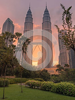 Kuala Lumpur skyline at twilight. Twin towers in KL center