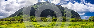 Kualoa mountain range panoramic view, famous filming location on Oahu island