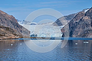 Kuannit Glacier flows into Prins Christian Sund, South Greenland photo