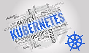 KUBERNETES word cloud. Cybersecurity open-source container-orchestration system concept. Vector illustration