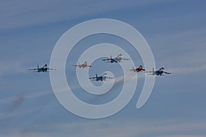 KUBINKA, MOSCOW REGION, RUSSIA Aerobatic team `Swifts` and `Russian knights` aircraft `SU-30 and MiG-29`