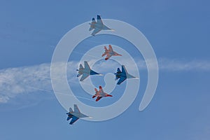 KUBINKA, MOSCOW REGION, RUSSIA Aerobatic team `Swifts` and `Russian knights` aircraft `su-30 and MiG-29`