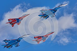 KUBINKA, MOSCOW REGION, RUSSIA Aerobatic team `Swifts` and `Russian knights` aircraft SU-30 and MIG-29