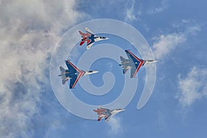 KUBINKA, MOSCOW REGION, RUSSIA Aerobatic team `Swifts` and `Russian knights` aircraft SU-30 and MiG-29`