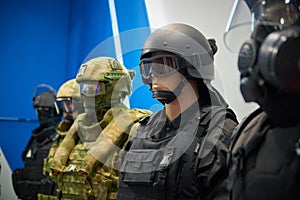 KUBINKA, RUSSIA, AUG.24, 2018: Close up view on men mannequins in camouflage military uniform, tactical helmets with rails for nig