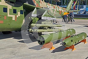 KUBINKA, RUSSIA, AUG.24, 2018: View on armed combat russian helicopter Mi-24. Russian helicopters on ARMY-2018 exhibition