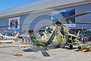 KUBINKA, RUSSIA, AUG.24, 2018: View on armed combat russian helicopter Mi-24. Russian military helicopters on ARMY-2018 exhibition