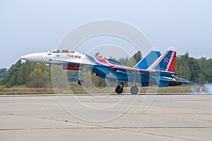 The Su-35S fighter of the Russian aerobatic team of `Russian Knights`